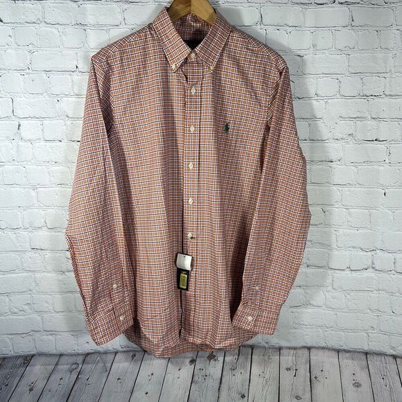 Ralph Lauren Mens Classic Fit Orange Blue Plaid Shirt  Button Down Shirt Medium - Picture 1 of 8